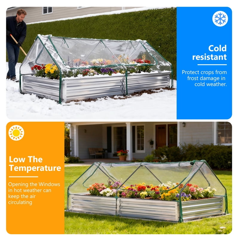 Gianna 8x4x1ft Galvanized Raised Garden Bed with Cover, Planter Box Outdoor for Deep-Rooted Herbs/Flowers/Vegetables, Large Metal Garden Bed Mini Greenhouse for Patio and Backyard