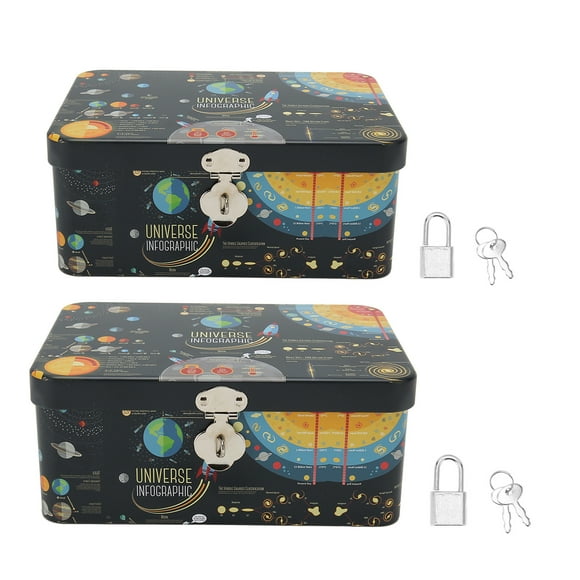 Yazoeia 2Pcs Tinplate Storage Box Universe Infographic Cartoon Waterproof Rectangular Tin Box with Locks Keys for Family Office AR-310-27896