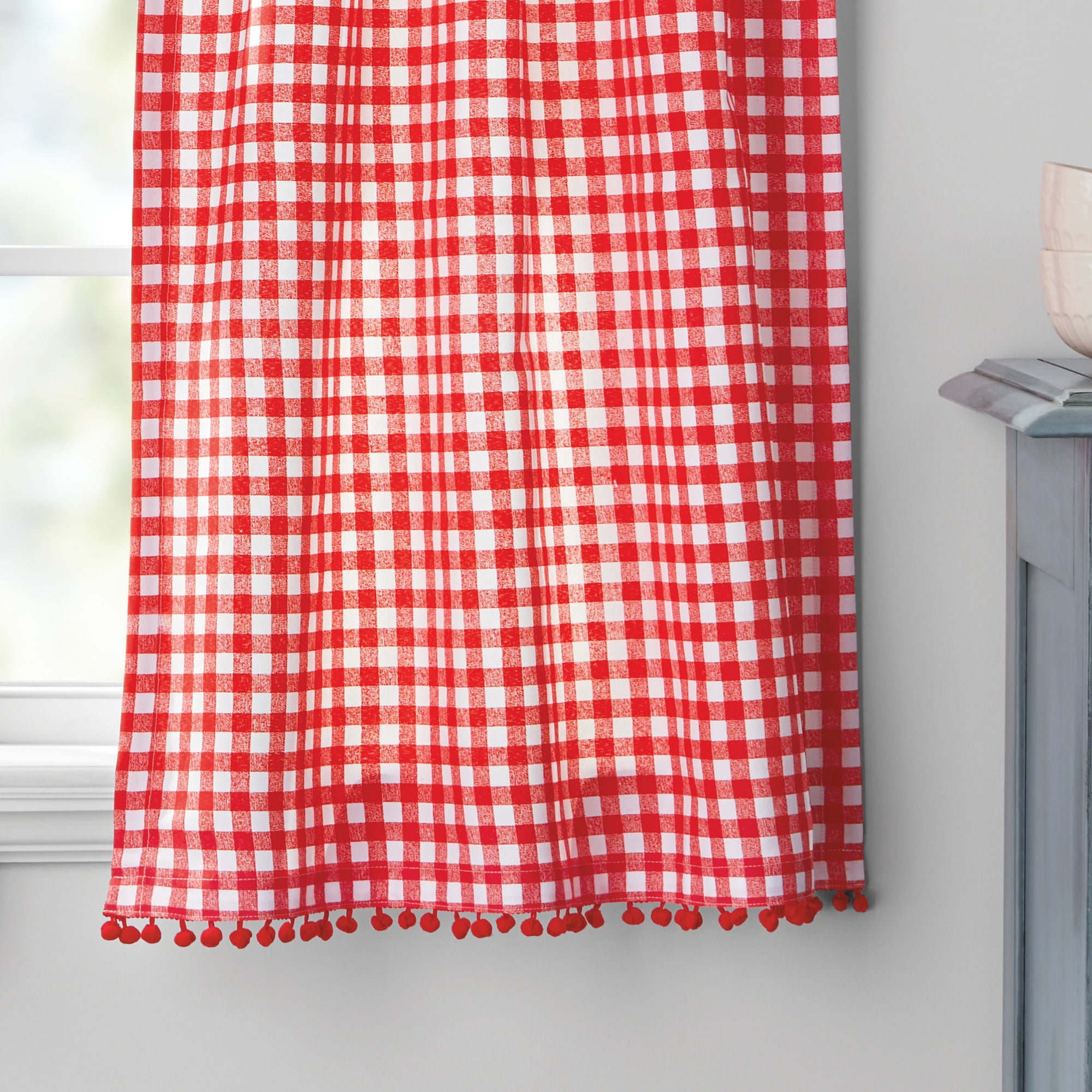 The Pioneer Woman Gingham 3 Piece Tier Set Red, Recycled Polyester BCI Cotton, 60"W x 14"L, Indoor Curtain, Adult