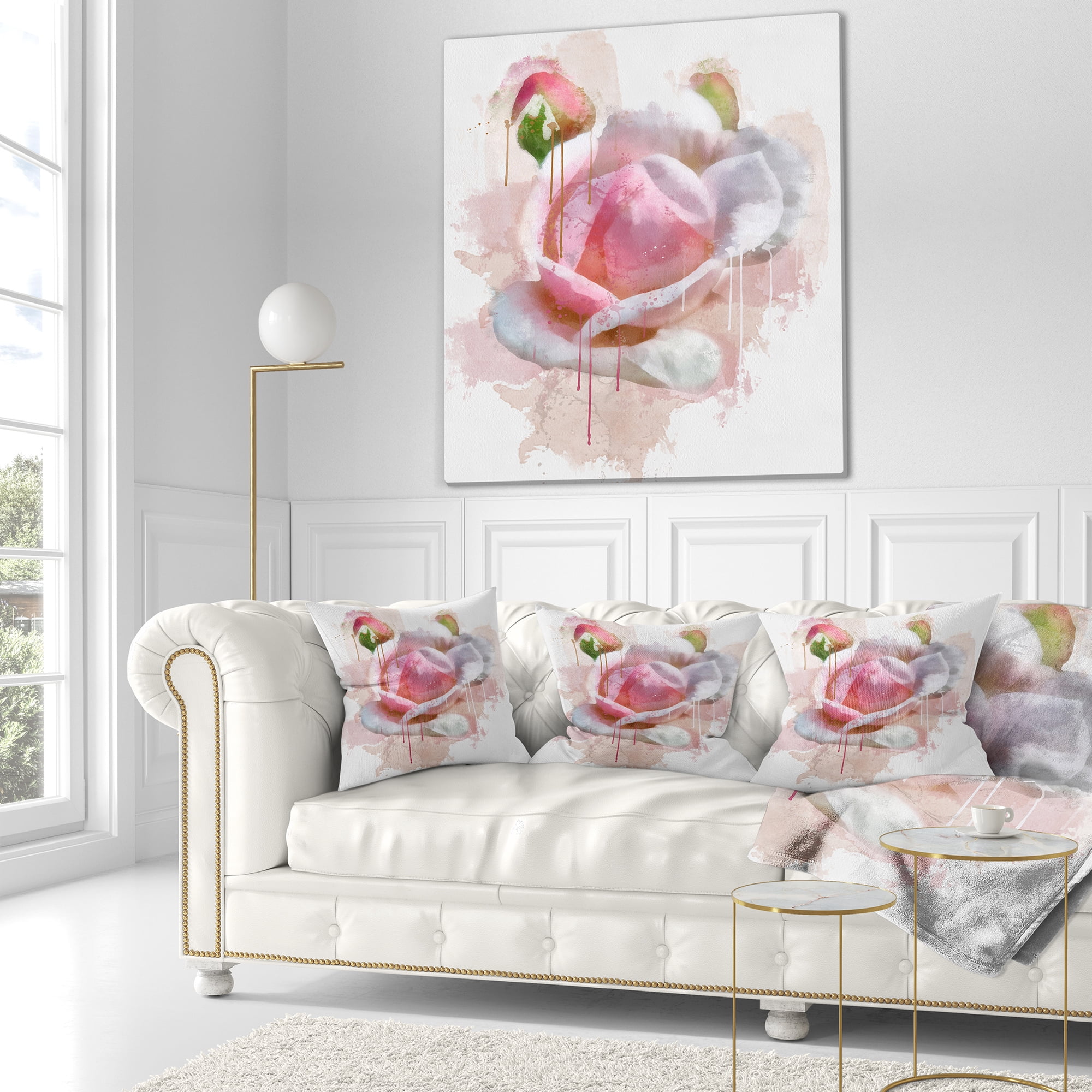 Designart Pink Rose Flower with Paint Splashes - Floral Throw Pillow - 16x16