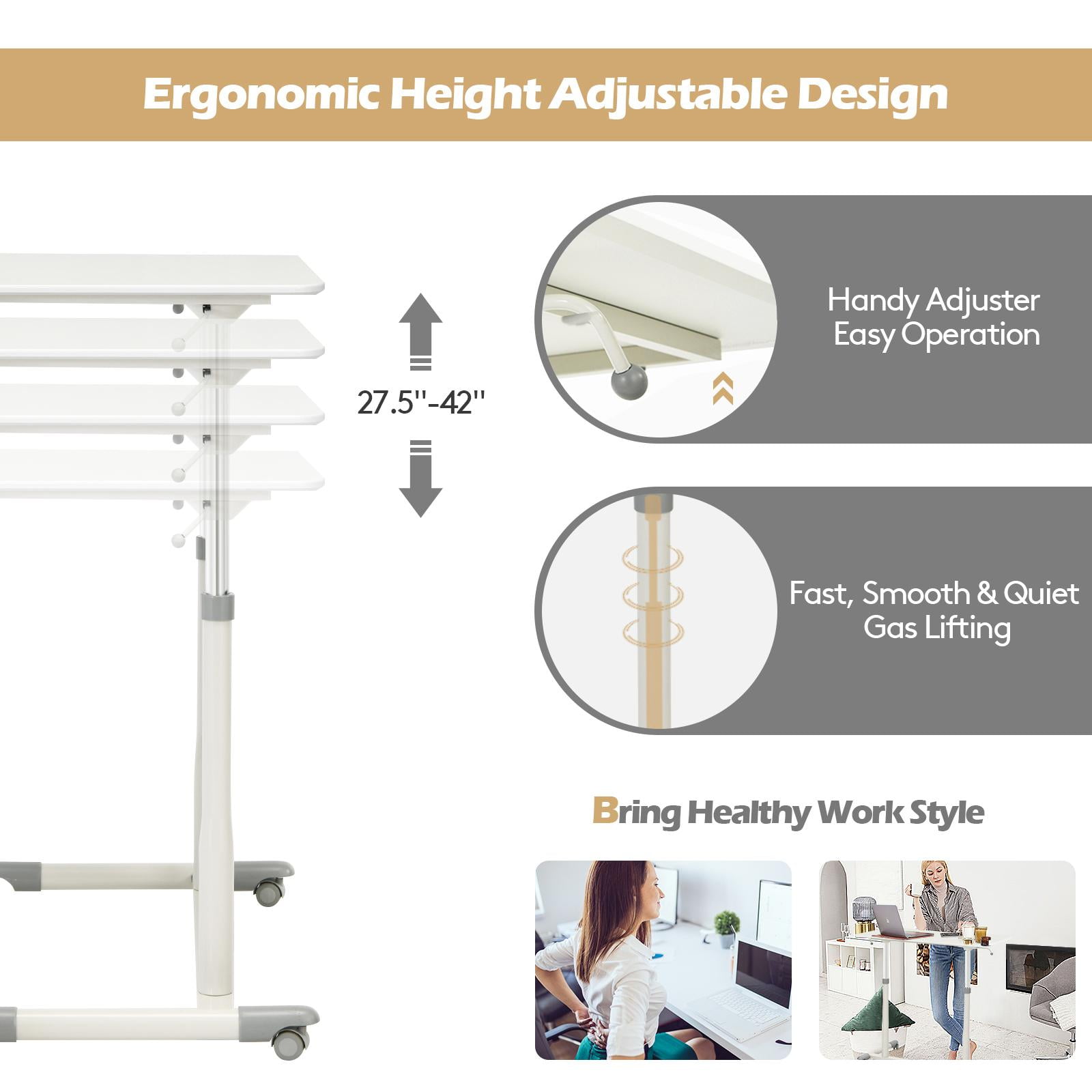 Giantex Mobile Height Adjustable Standing Desk, Compact Pneumatic Sit to Stand Computer Desk w/ Lockable Casters, Ergonomic Rolling Laptop Table for Home Office, White