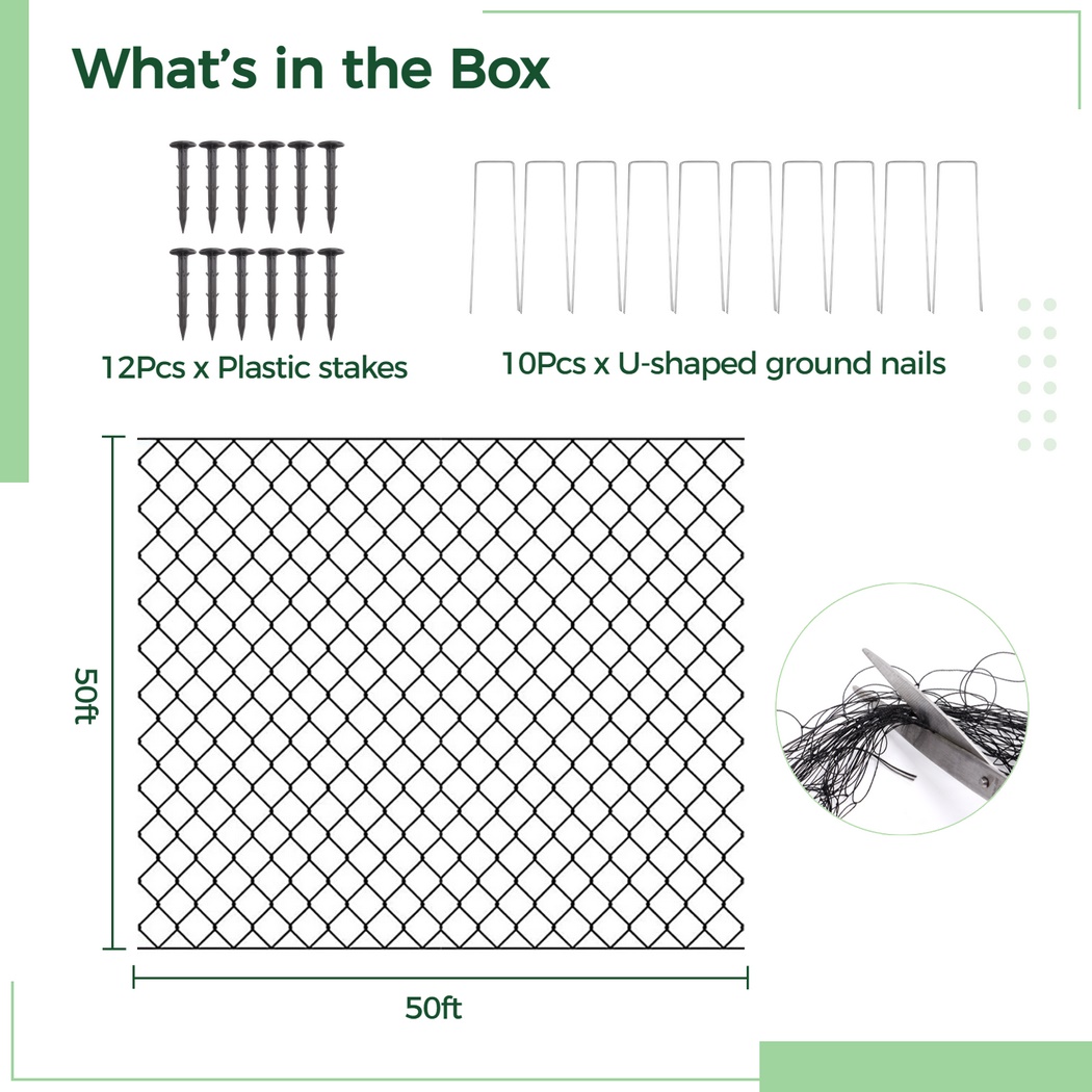 Bird Netting, Heavy-Duty Bird Poultry Netting for Garden, Fruit Trees, Chicken Coop, 50 x 50 ft, Black