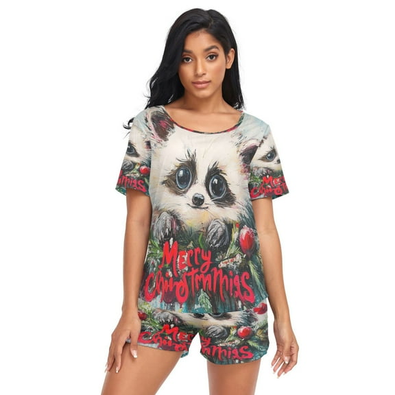 Women Pajama Sets Short Sleeve Sweatshirts Merry Christmas Raccoon Casual Tops and Shorts