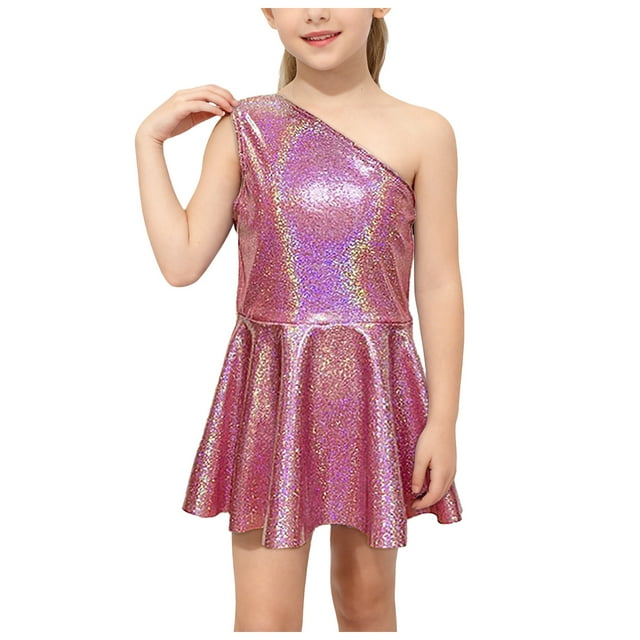 Pandaie Robe Métallique à une Épaule pour Filles 3-12 Ans Sans Manches Jazz Latin Ballet Danse Robes Plissées Hip-Hop Gymnastique Tenue de Danse Rouge 120(5-6 Ans)