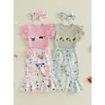 thumbnail image 3 of BemeyourBBs Newborn Baby Girl Farm Duck Outfit Infant Girls Summer Clothes Animal Embroidered Waffle Striped Short Sleeve Romper Print Bell Bottom Flared Pants Set Headband, 3 of 9