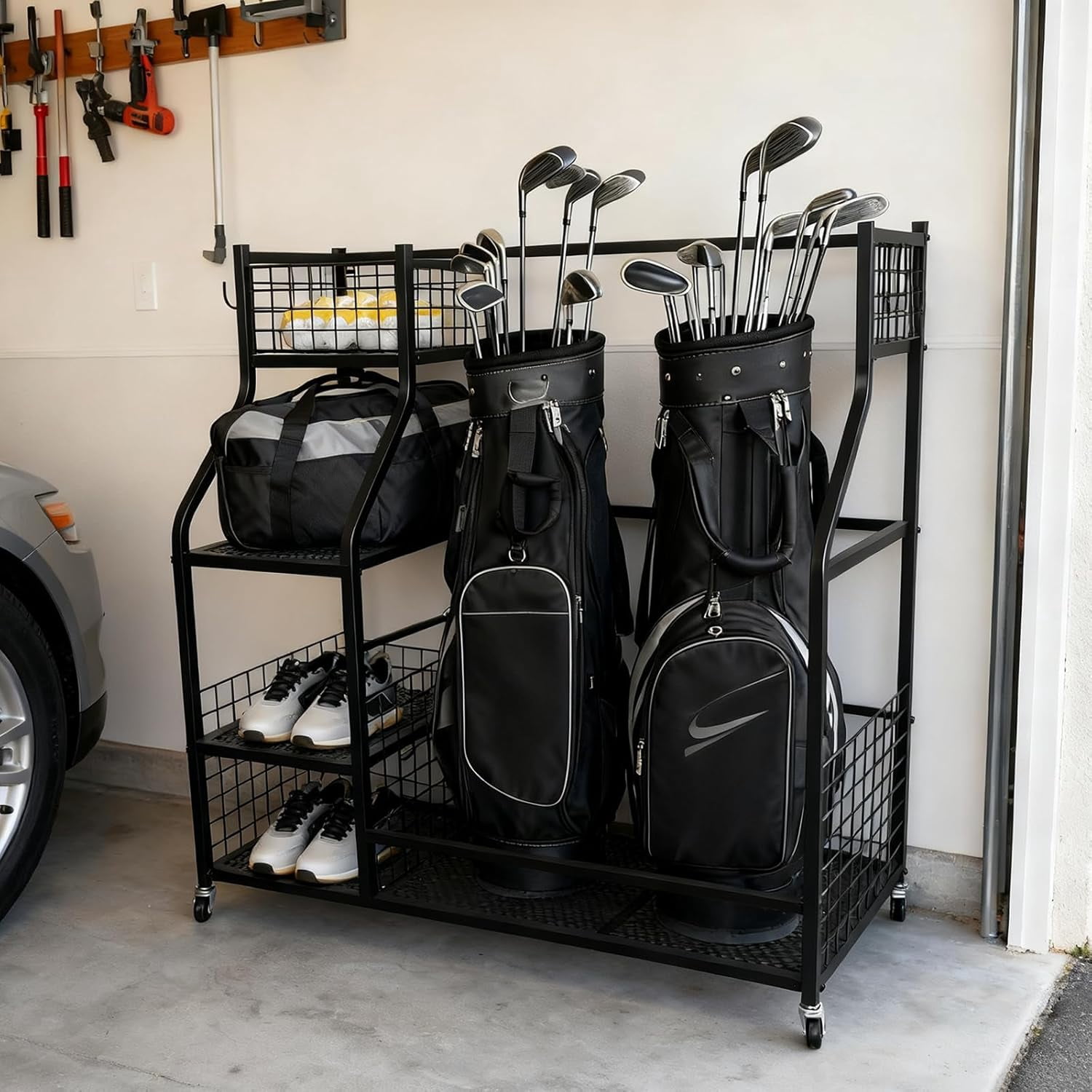 Dextrus Black Golf Bag Storage Rack with Wheels for 4 Bags, Garage