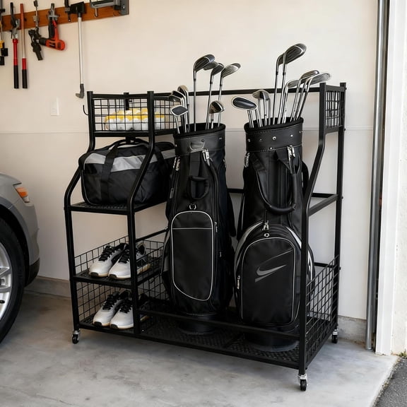 Hanmir Golf Club Storage Rack with Hooks and Basket, Heavy Duty Metal Organizer for Garage & Outdoor Use