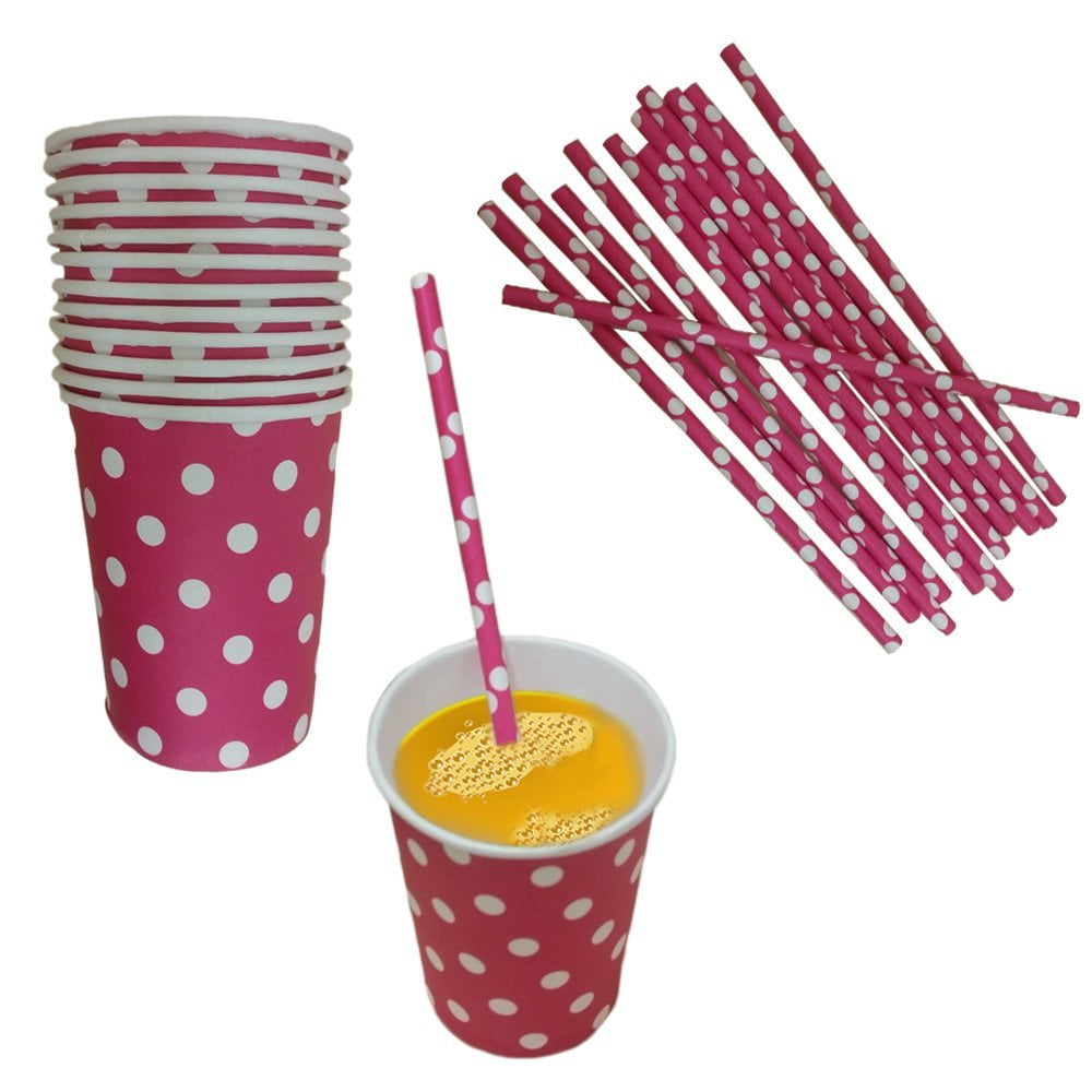 Pink And White Polka Dot Paper Cup And Straw Set- Pack Of 24- Includes ...