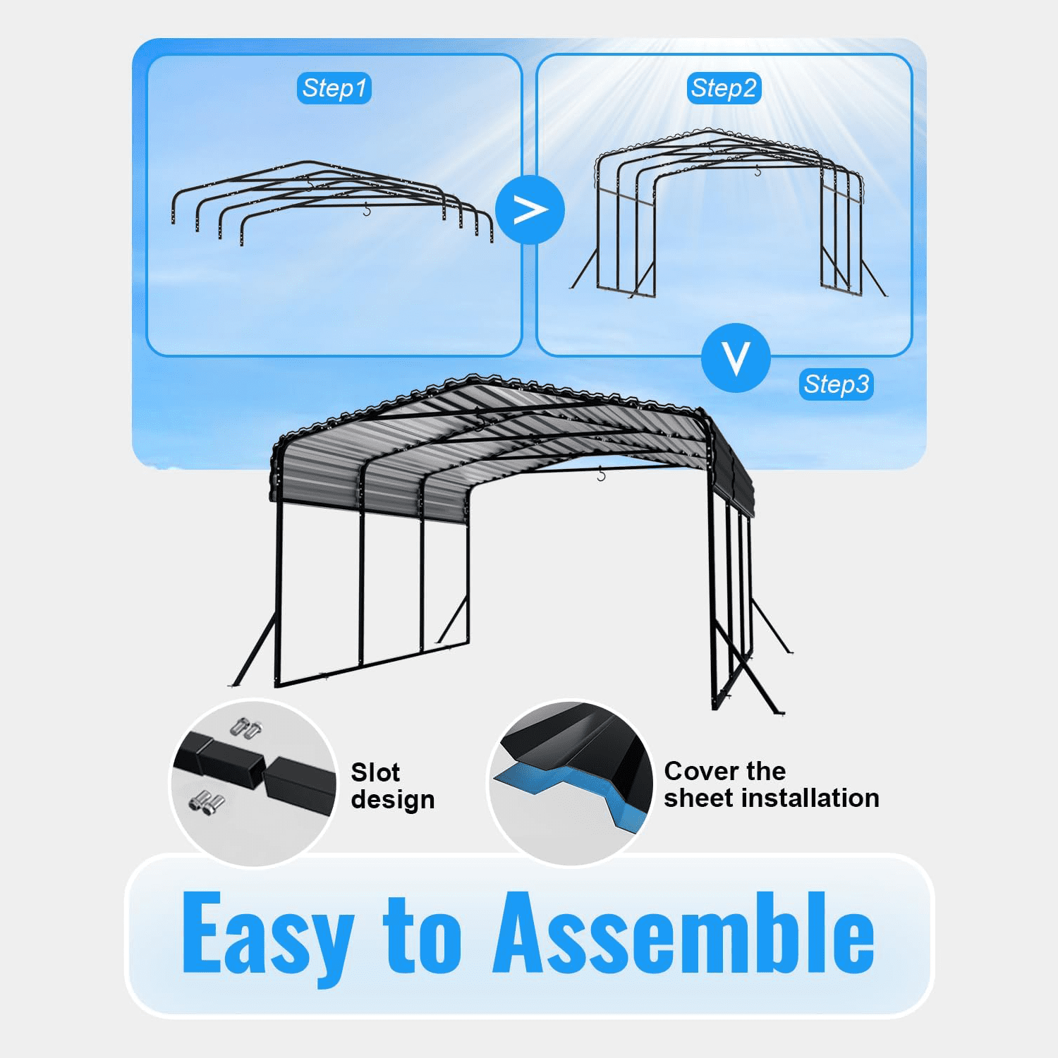 Sanerto 10x15FT Heavy Duty Metal Carport, Outdoor All-Weather Shelter with Iron Roof, Durable Canopy for Cars, Trucks, Boats & Equipment, Easy Quick Assembly