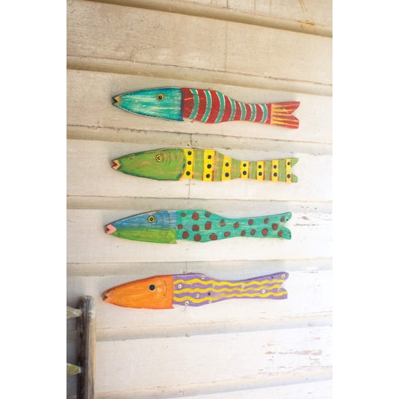 Kalalou Recycled Wood Folk Art Fish, Set of 4, 3"L x 3"W x 24"H, Multicolor