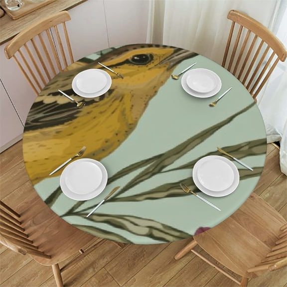 Floral Round Fitted Polyester Tablecloth, Tropical Palm Leaf Bird Elastic Edge Decorative Tablecloths, Stain & Wrinkle Resistant Table Clothes