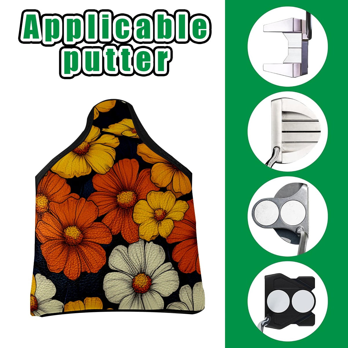 Golf Mallet Putter Cover Premium Leather Waterproof Golf Putter Head Cover with Magnetic Closure Orange Yellow Flowers