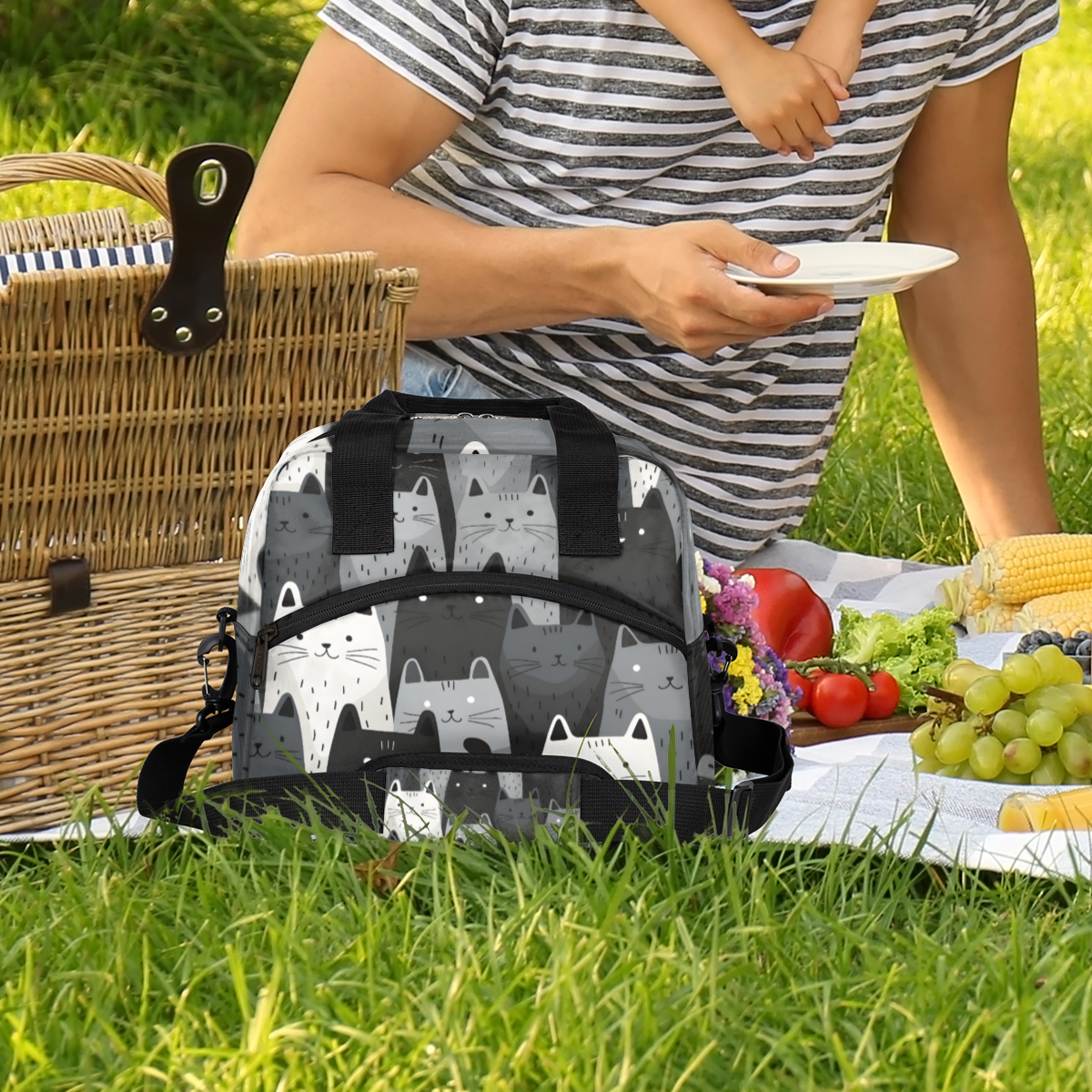 Herdesigns Cat Insulated Lunch Bag for Women Men Adults Large Reusable Lunch Box Gray White Black Cat Leakproof Cooler Tote Bags with Adjustable Shoulder Strap