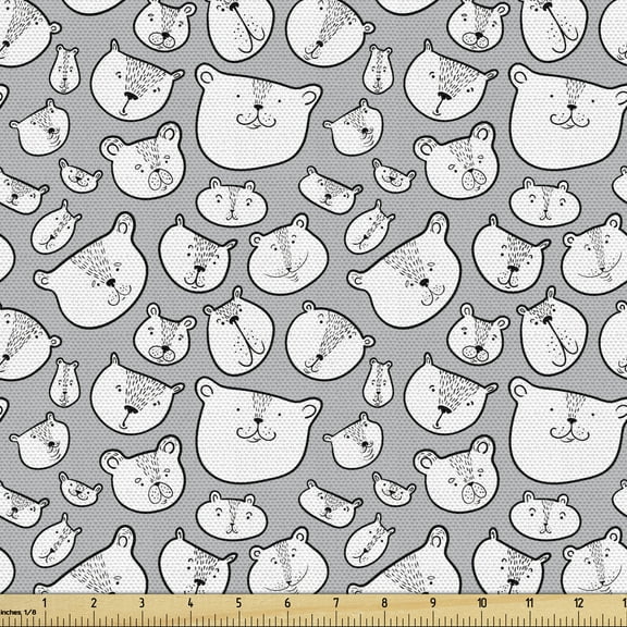 Ambesonne Bear Fabric by the Yard Upholstery, Chunky Teddy Bear Portraits, 10 Yards, Charcoal Grey Pale Grey