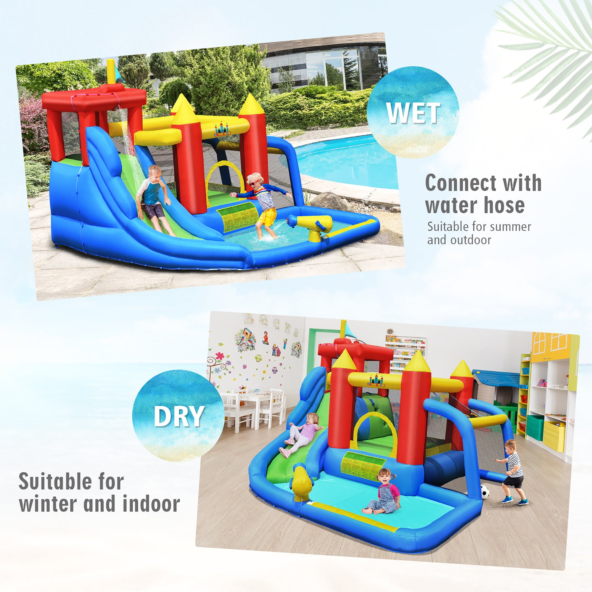 Costway Inflatable Bouncer Water Climb Slide Bounce House Splash Pool with Blower for Toddler, Bouncy Water Park