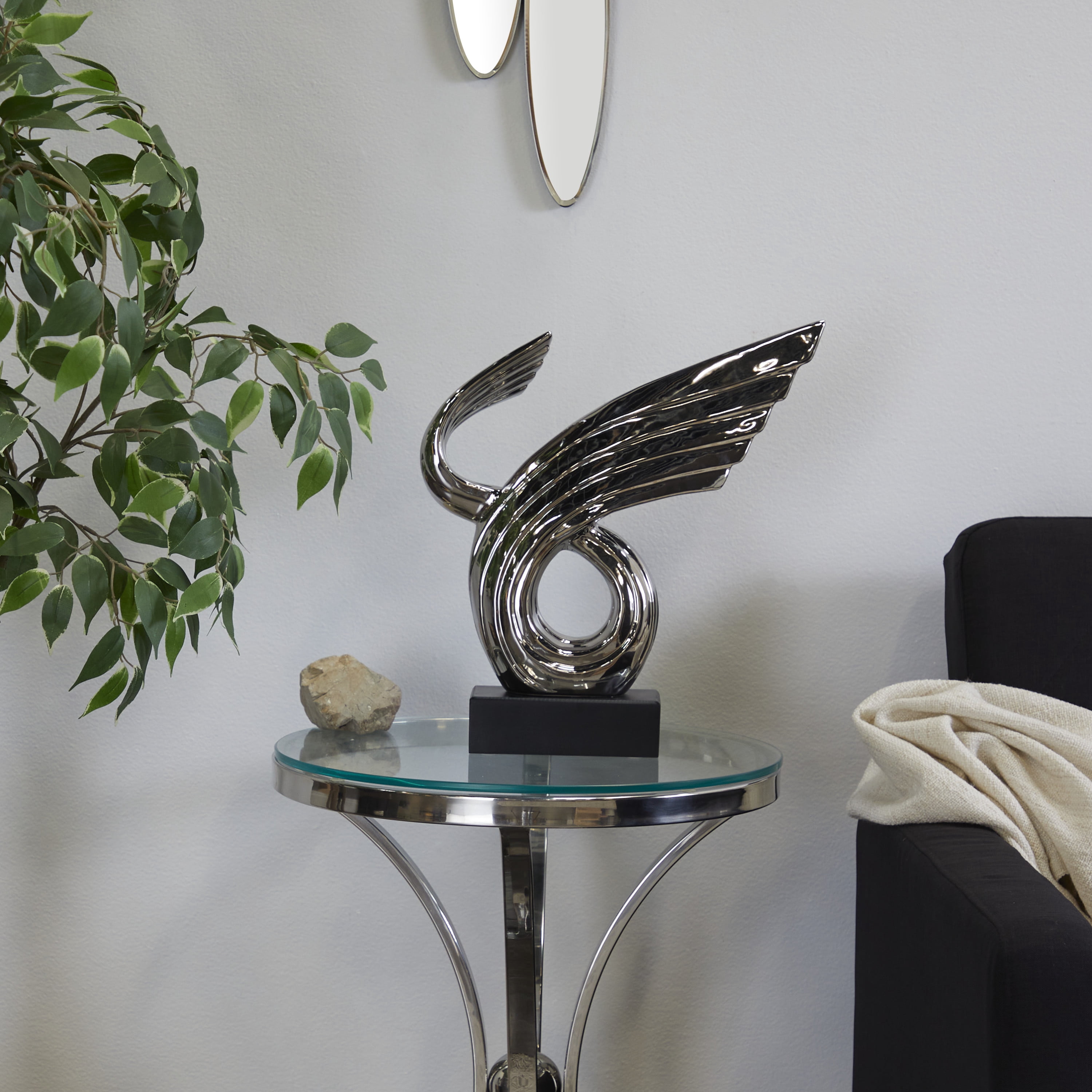 14" x 15" Silver Porcelain Wing Abstract Sculpture with Black Base, by DecMode