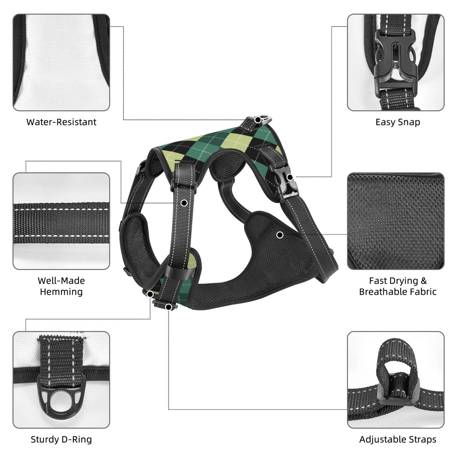 Fuzoiu Green Squares Print Reflective Dog Harness,Adjustable, Breathable Pet Vest,Dog Harness No Pull,No Choke Pet Vest for Small, Medium, and Large Dogs-Small
