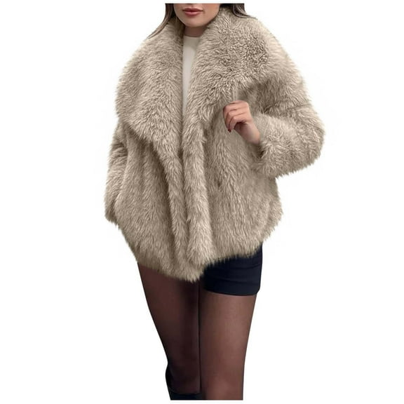 Rohuuque Women's Faux Fur Coat Fluffy Thick Warm Plush Jacket Long Sleeve Lapel Furry Winter Jackets Shaggy Parka Short Coat Beige
