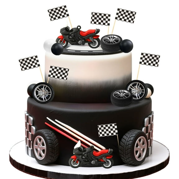 Motorcycle Race Cake Decor Set - 3D Soft Rubber Motorbike & Checkered Flags for Themed Parties