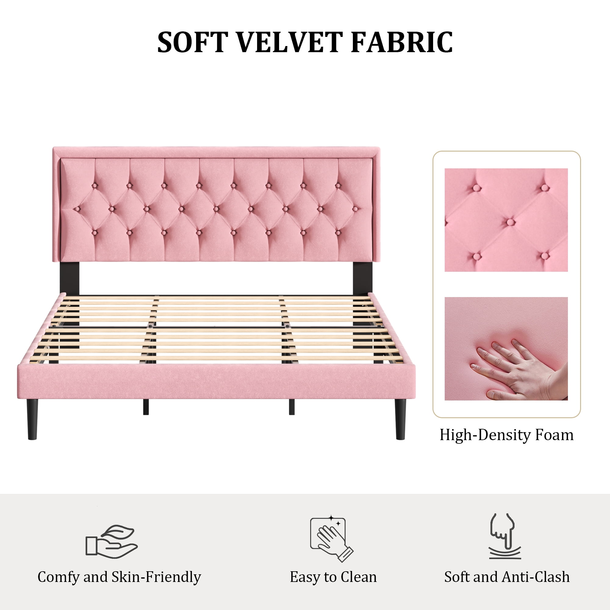 King Size Platform Bed Frame with Upholstered Velvet Button Tufted Headboard, Mattress Foundation with Wooden Slat Support, No Box Spring Needed, Easy Assembly, Noise Free,Pink