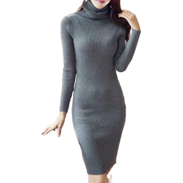 Vestido de suéter de cuello alto, vestido de punto de manga larga, vestido casual