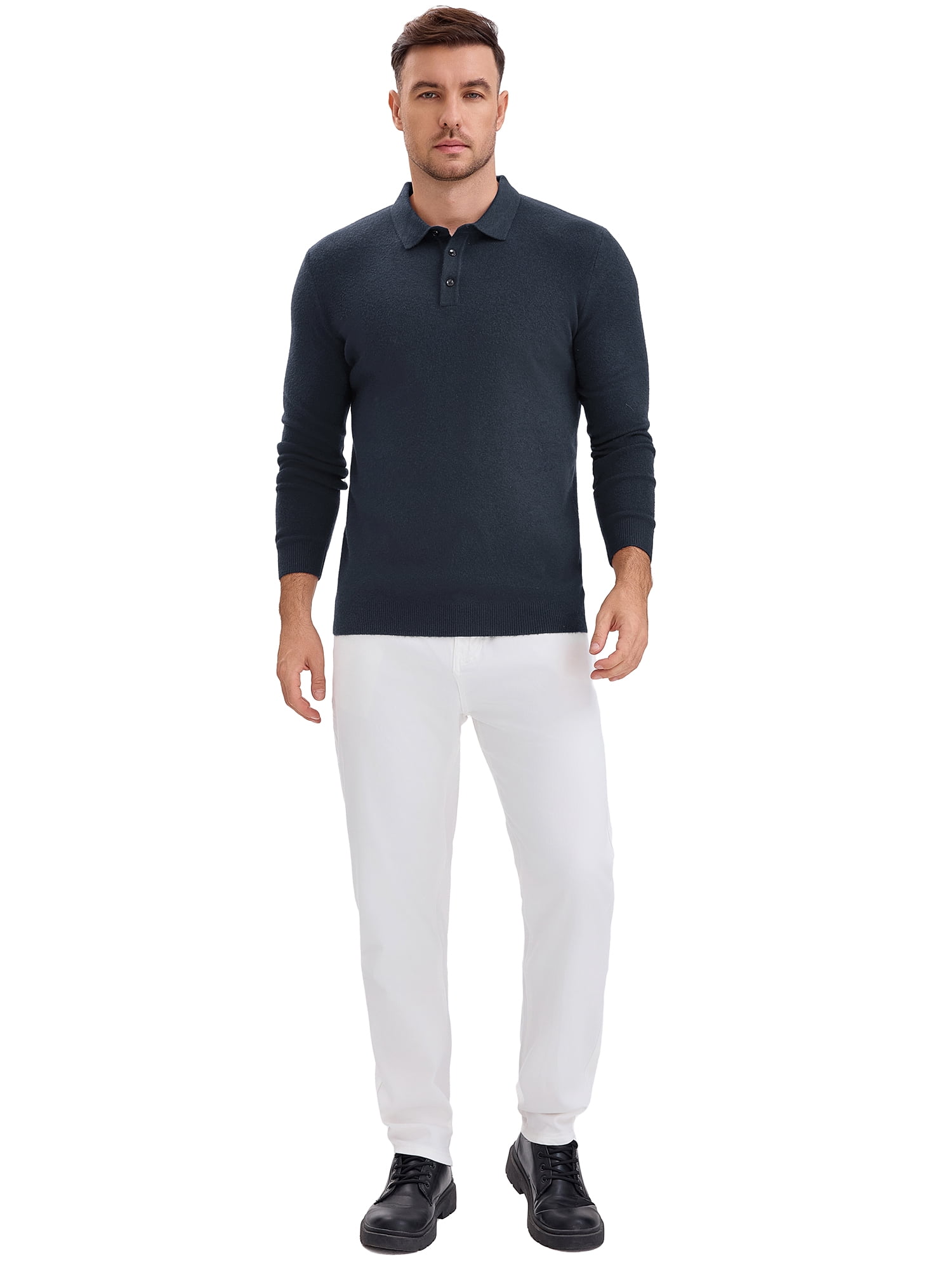 DARING DIVA Men's Long Sleeve Pullover Business Knitted Polo Shirt M Dark Blue