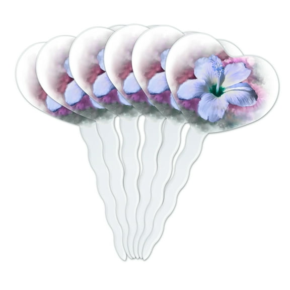 Tropical Blue Hibiscus Hawaiian Bloom Heart Love Cupcake Picks Toppers Decoration Set of 6