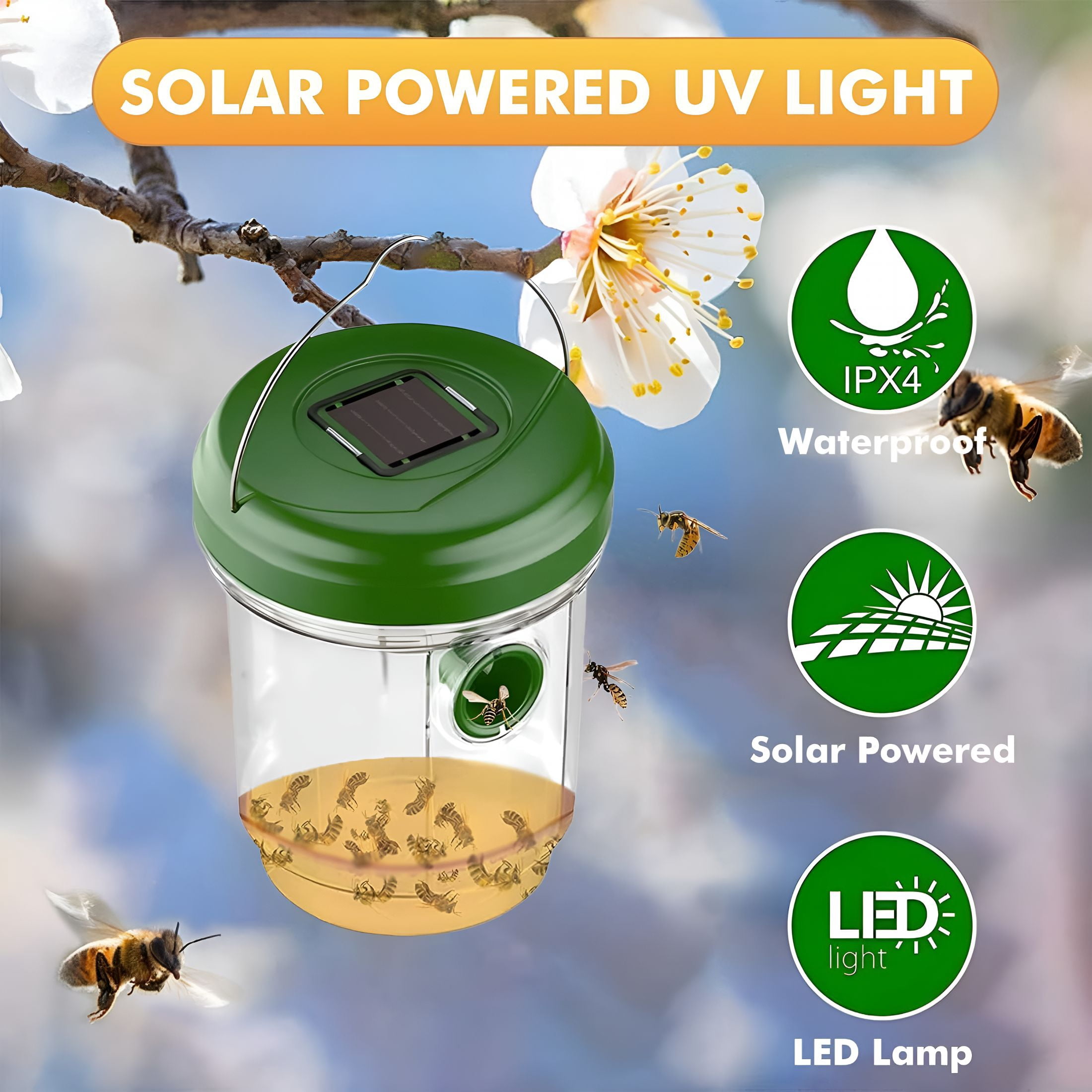 BPPEG Wasp Traps Outdoor Hanging, Solar Bee Trap for Outside, Reusable Solar Powered Hornet Traps, Bee Wasp Catcher Outside Garden 3 Packs