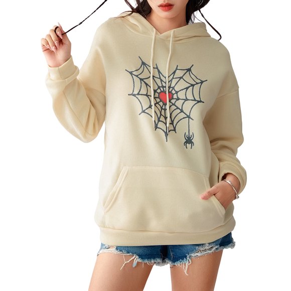 EYIIYE Women Long Sleeve Hoodie Ladies Embroidery Cobweb Heart Hooded Sweatshirt Loose Pullover Fashion Cool Casual Tops Streetwear