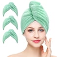 thumbnail image 1 of Paquete de 3 toallas de microfibra para el cabello con botón, turbante antiencrespamiento de secado rápido para cabello largo y grueso, color verde., 1 of 5