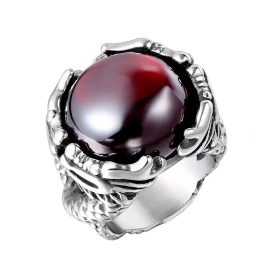 HIJONES Men's Women's Stainless Steel Couples Ring with Red amd Black Stones Double Dragons Playing with Pearls Red Size 10