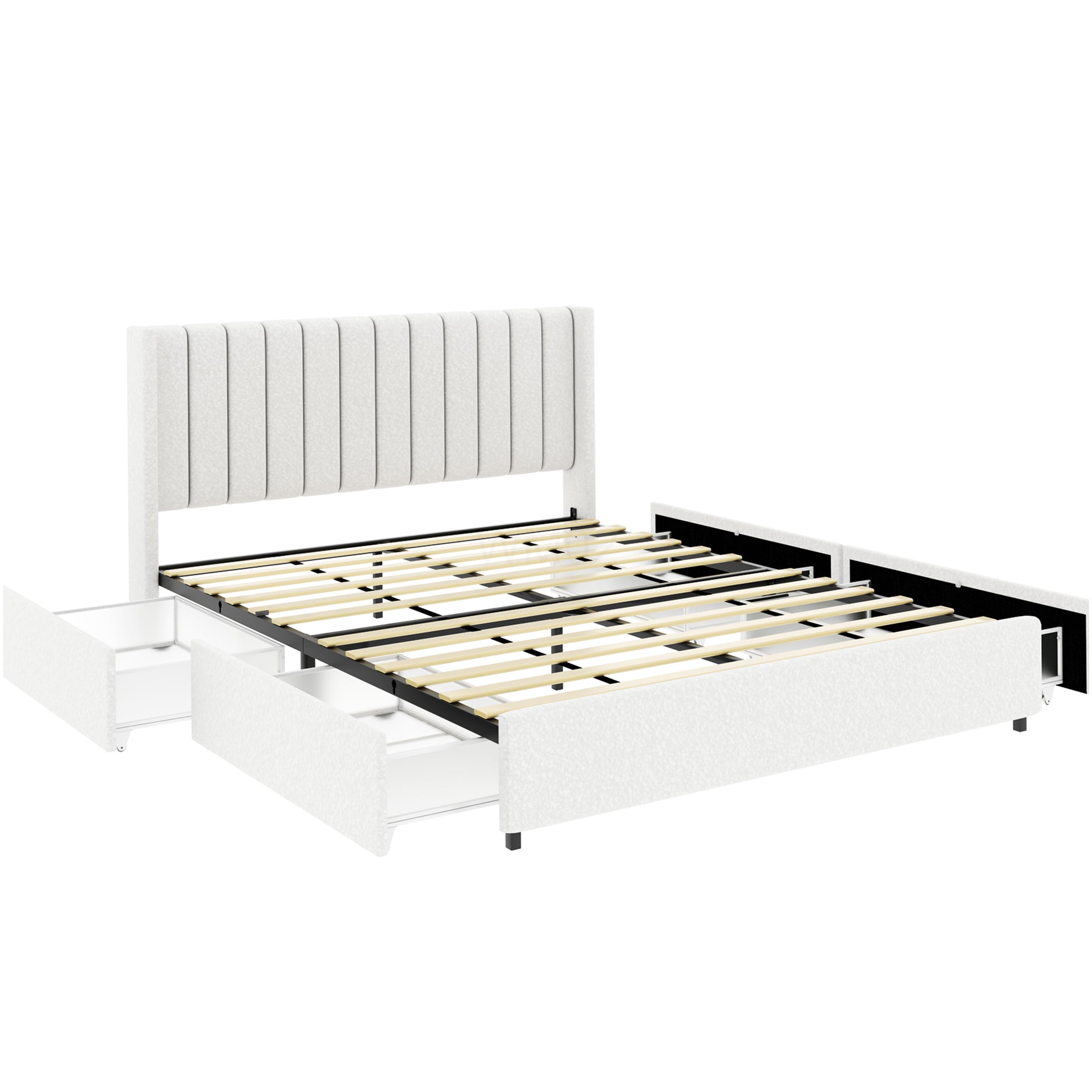 Ivory Queen Upholstered Storage Bed Frame with Wingback Headboard, 4 Large Drawers, Wood Slat Support, No Box Spring Needed