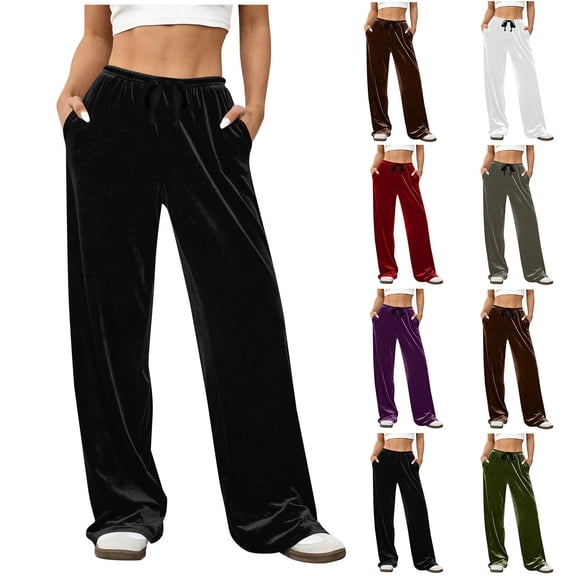 Fewfanhot Womens Pants Velvet Drawstring Waist Wide Leg Casual Lounge Pant