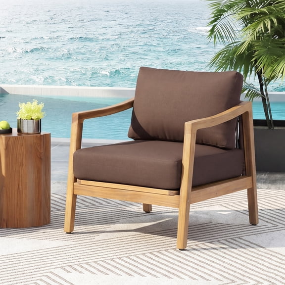 Outdoor Club Chair - Acacia Wood Frame, Brown Cushions - Patio/Backyard