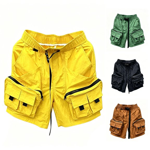 FINALGANG Mens Solid Color Elastic Buckle Waist Multi Zipper Pocket Cargo Shorts Summer Outdoor Loose Fit Quick Dry Lightweight Casual Bottoms For Men Yellow XXXXL