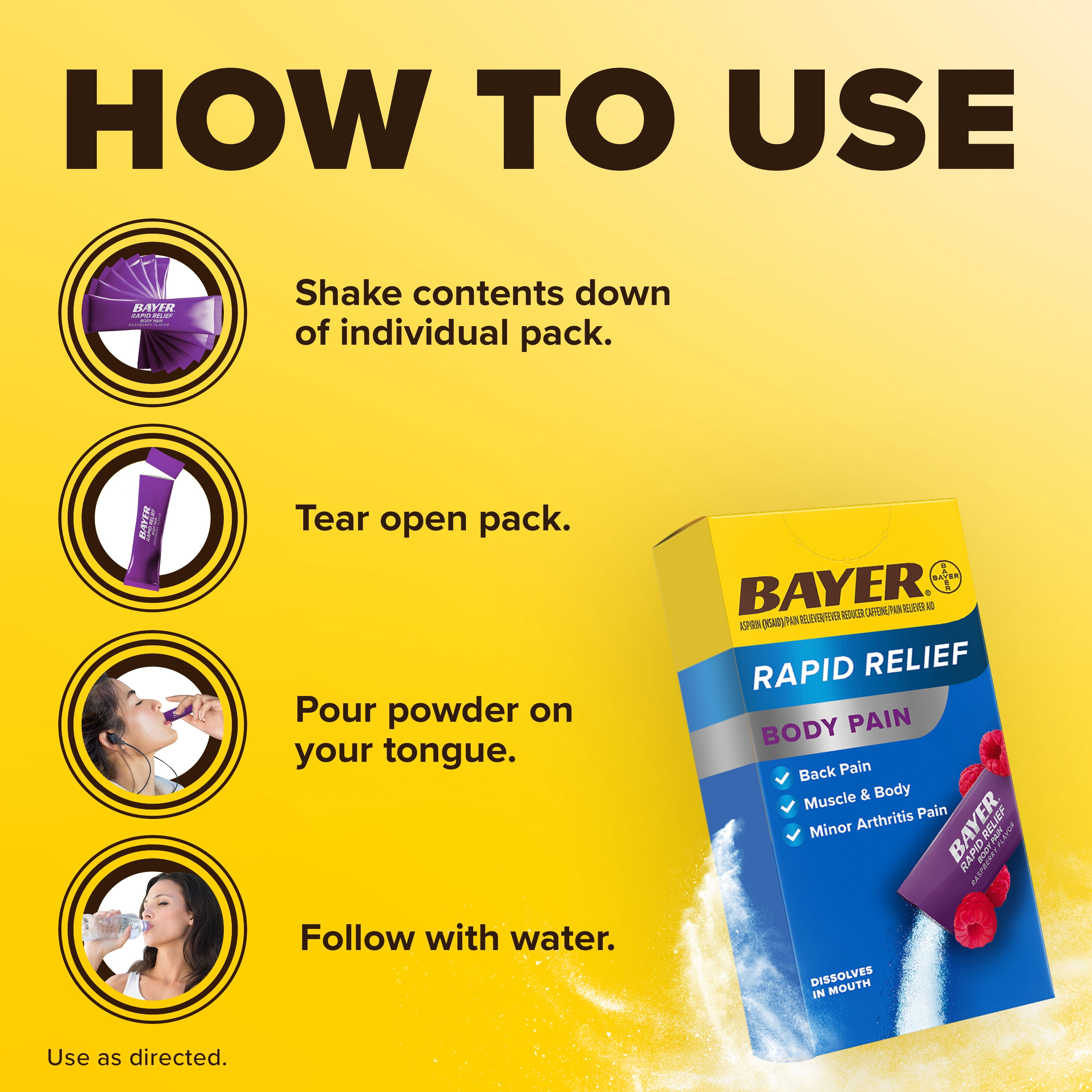 Bayer® Rapid Relief Body Pain Powder Packs with Aspirin & Caffeine, Raspberry Flavor, 10 Count