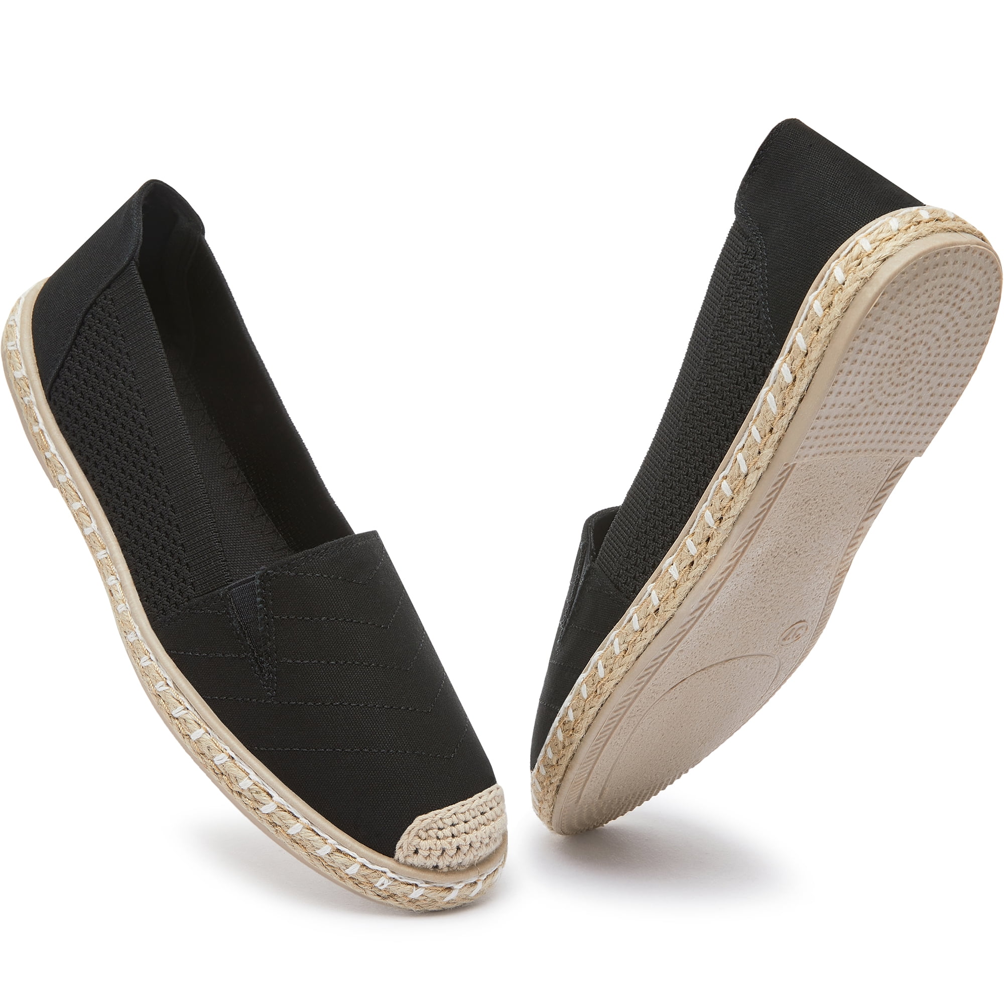 AOMAIS Women Espadrille Flats Mesh Knitted Shallow Slip Ons Comfy Breathable Canvas loafers Casual Daily Walking Shoes for Lady(Black US9)