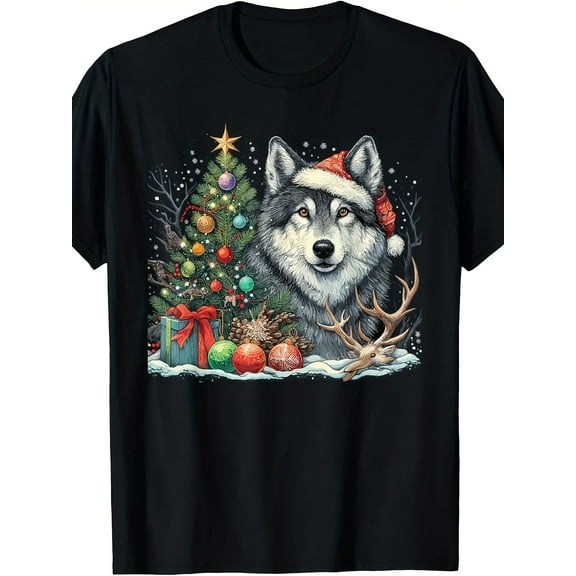 Cute Wolf With Christmas Tree Wearing Santa Hat T-Shirt220g