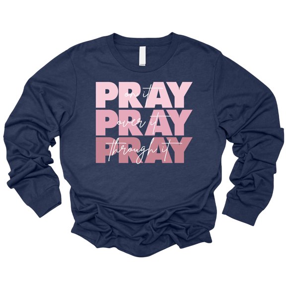 Love in Faith | Pray On It Long Sleeve | Heather Navy | Christian T-Shirts for Women | Faith Based Apparel |Christian Gifts