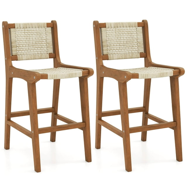 Coatway 2 PCS Outdoor Counter Height Bar Stool with Wood Frame Back &Footrest for Balcony