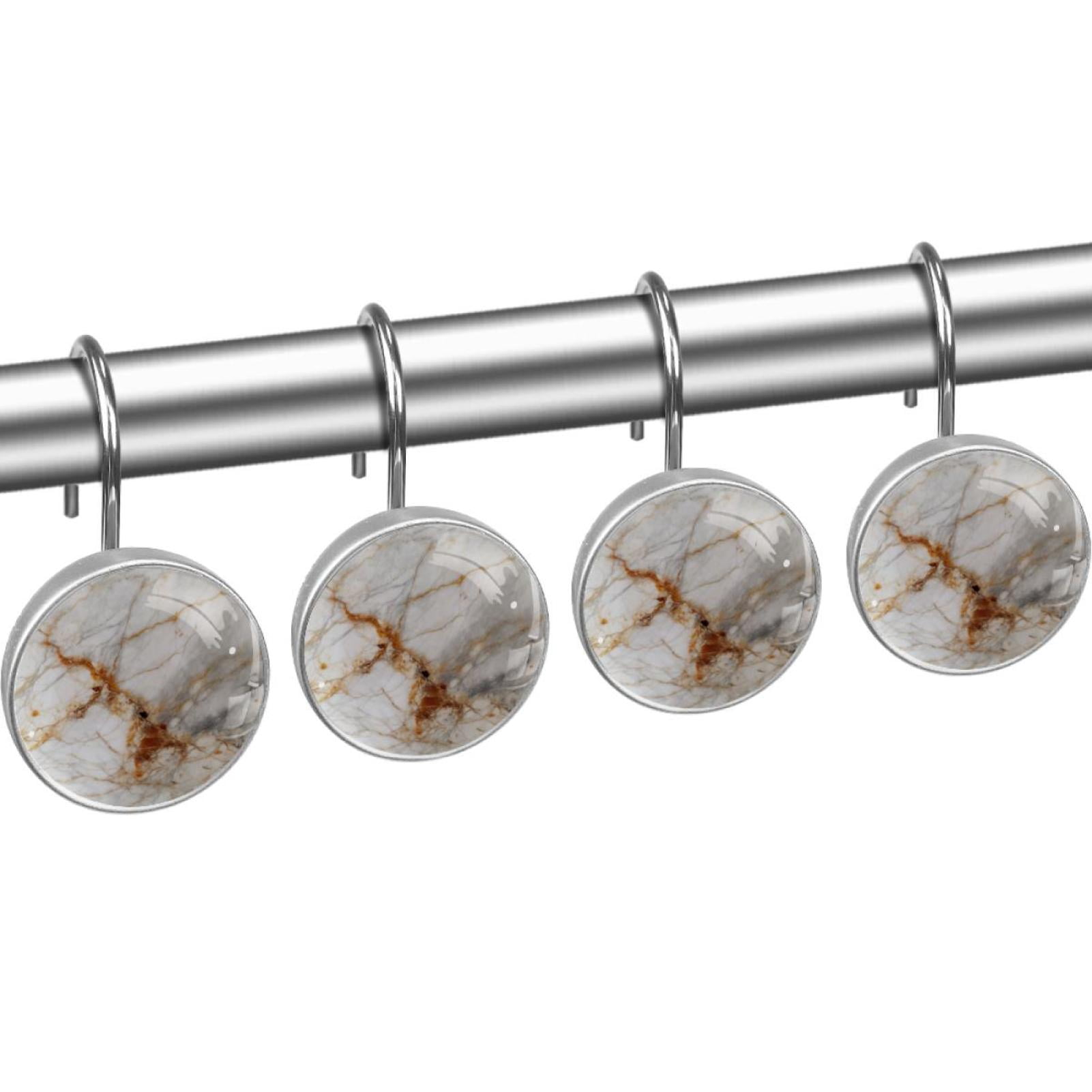 Marble Texture Shower Curtain Hooks （Set of 12） for Home Hotel Shower Rods Bathroom Crystal Glass Print Stainless Steel Round Curtain Hooks