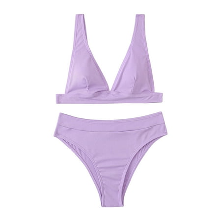 TOWED22 Womens High Waisted Bikini Sets Sexy Brazilian Triangle Top Deep V Neck Solid Color Two Piece Swimsuit Bathing SuitsPurple L