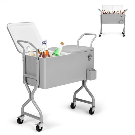 Ktaxon 80 Qt Rolling Ice Chest Cooler Cart, Trolley with Twisted Leg Design Outdoor ,Storage Shelf, Bottle Opener & Cap Collector for 48 Hour Cold Drinks,Silver