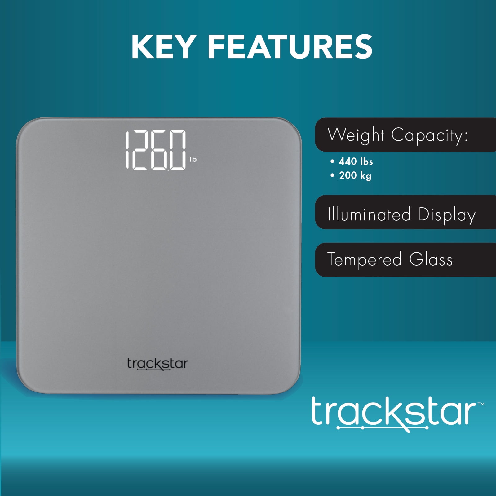 Trackstar Silver Digital Weight Scale 440 lb Weight Capacity Trackstar Monitoring App Bluetooth iOS & Android Compatible Measure, Track, and Share Results