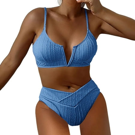 XUELUO Womens Bikinis Solid Color Spaghetti Strap Sexy Bra And High Waist Panty Set Two Pieces Swimwears Activewear