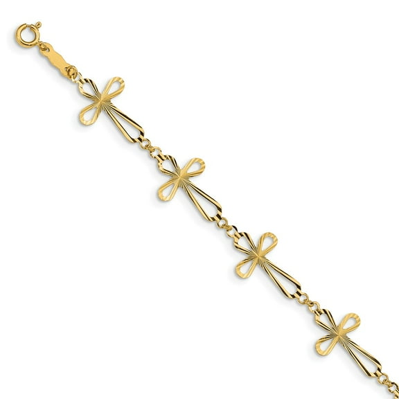 Real 14kt Yellow Gold Diamond Cut Open Cross Chain Bracelet; 7.5 inch; for Adults and Teens; for Women and Men