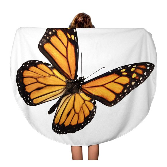POGLIP 60 inch Round Beach Towel Blanket Monarch Butterfly White No Shadow for Easy Use Travel Circle Circular Towels Mat Tapestry Beach Throw