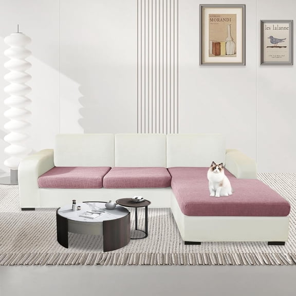Waterproof 3 Pieces Couch Cushion Covers for Sectional Sofa Seat Slipcover Stretch Sectional Couch Cover for L Shape Left/Right Chaise with Elastic Bottom (2 Seater 1 Chaise, Dusty Pink)