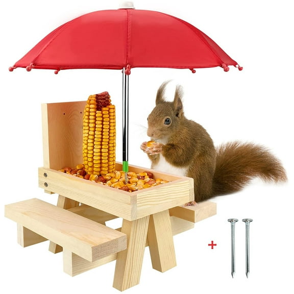 Squirrel Feeder with Umbrella, Wooden Squirrel Picnic Table, Hard and Strong