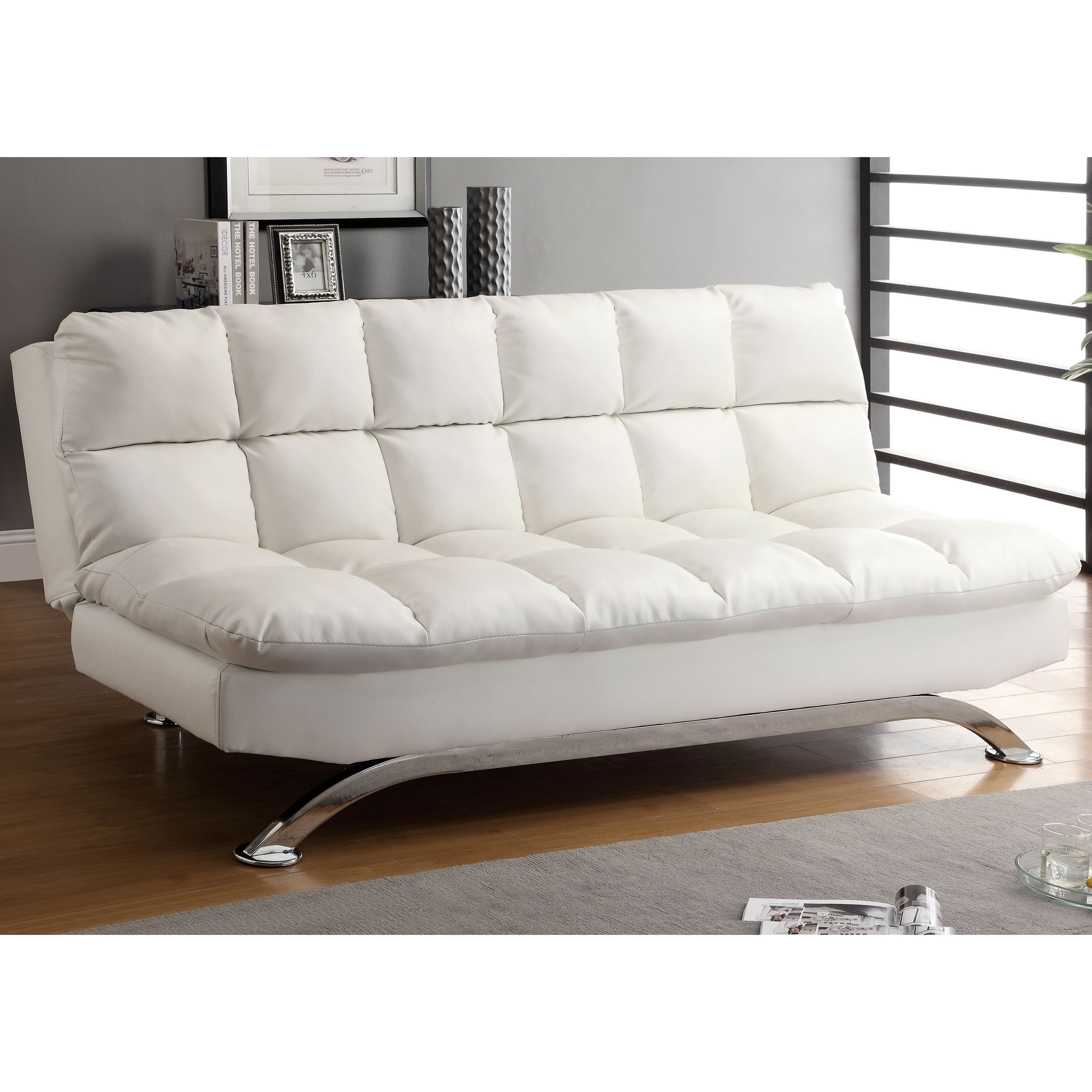 Furniture of America Contemporary Faux Leather Filia Futon Sofa, White
